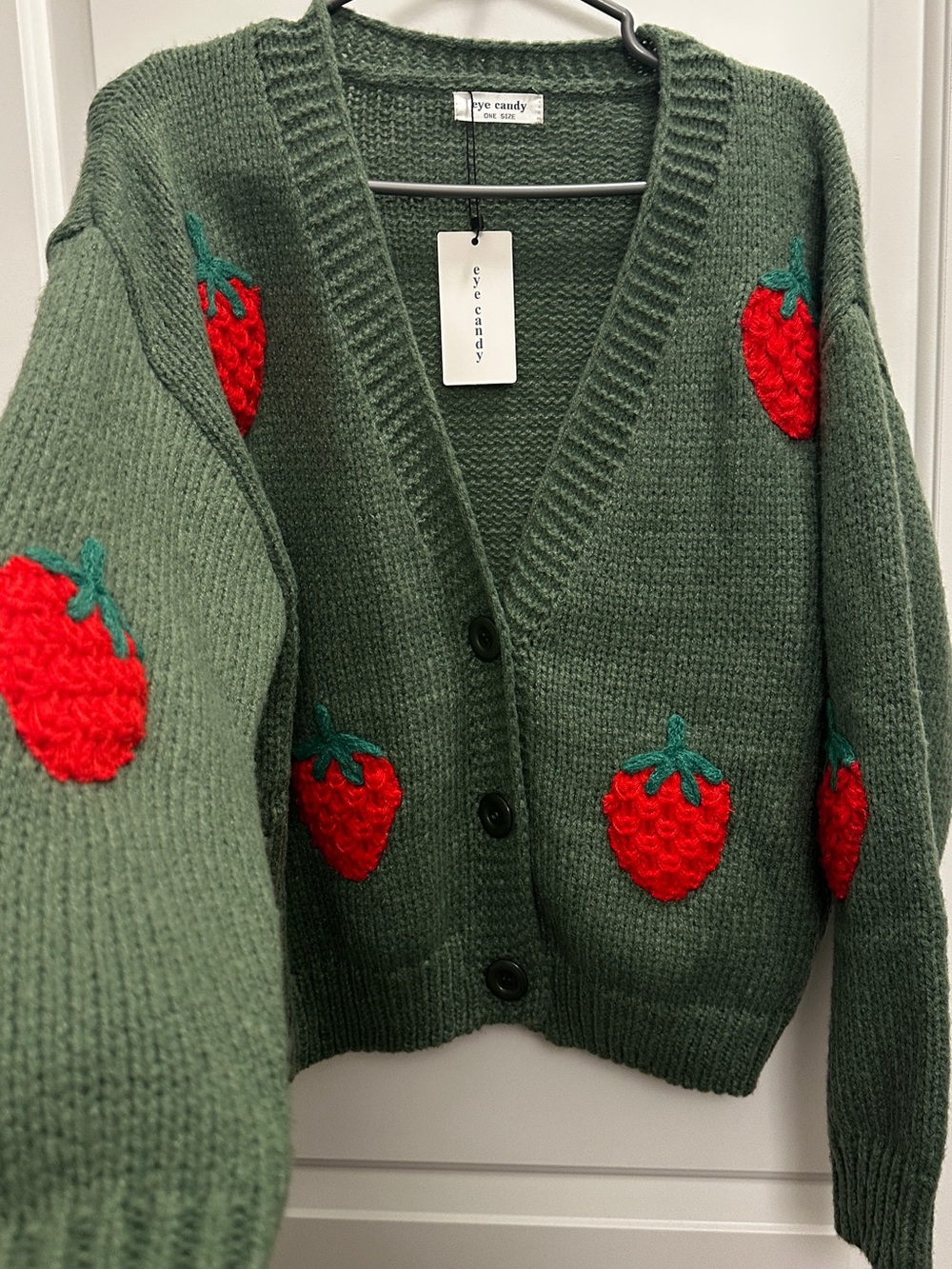 eye candy Forest Green Strawberry Applique Cardigan